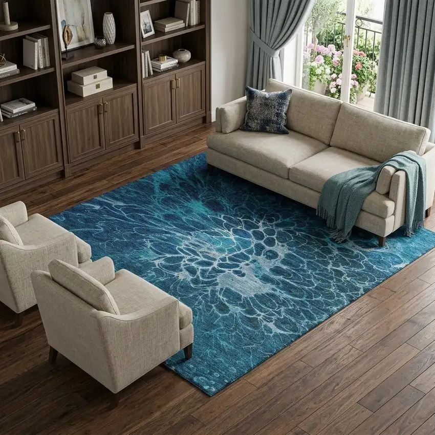 Navy Blue And Ivory Abstract Washable Area Rug With UV Protection Photo 1