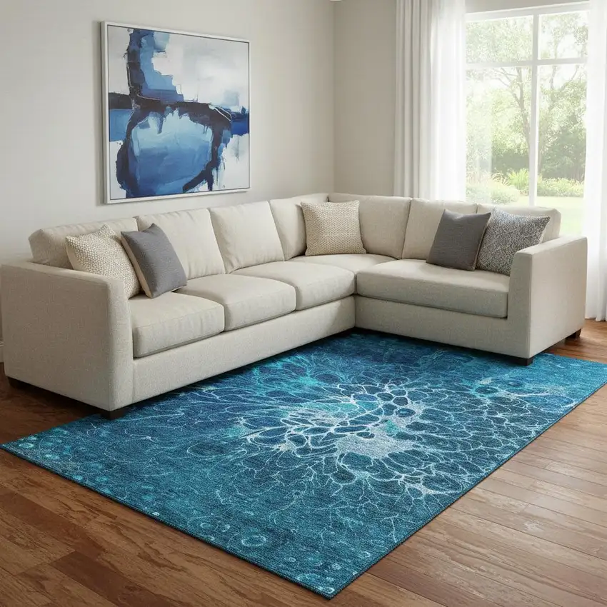 Navy Blue And Ivory Abstract Washable Area Rug With UV Protection Photo 1