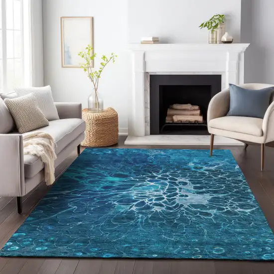 Navy Blue And Ivory Abstract Washable Area Rug With UV Protection Photo 5