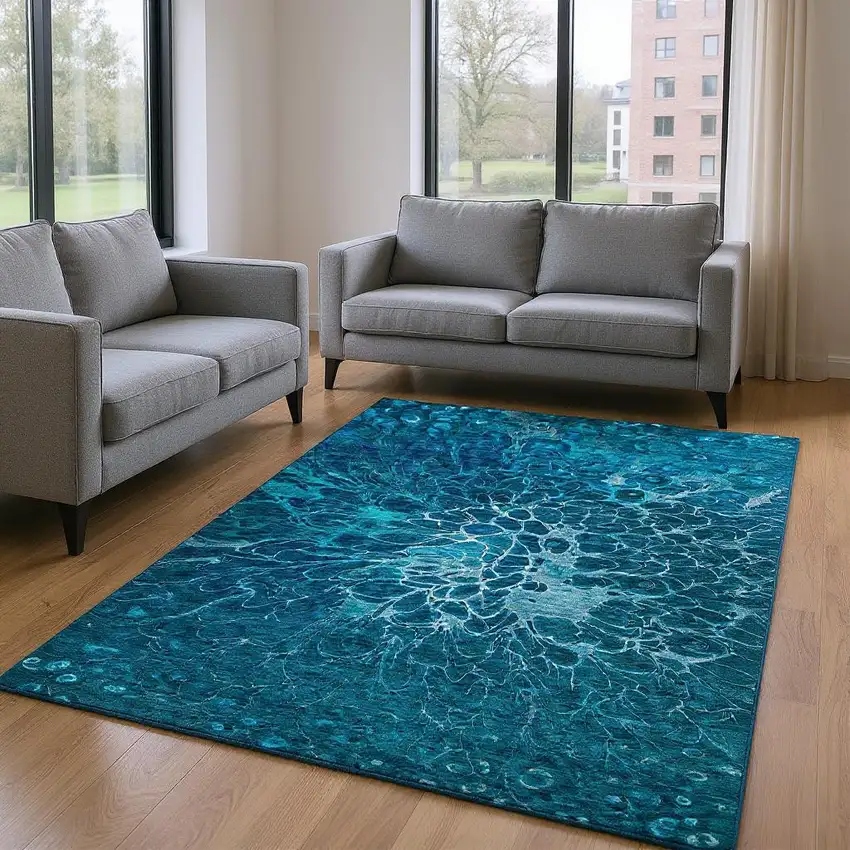 Navy Blue And Ivory Abstract Washable Area Rug With UV Protection Photo 2