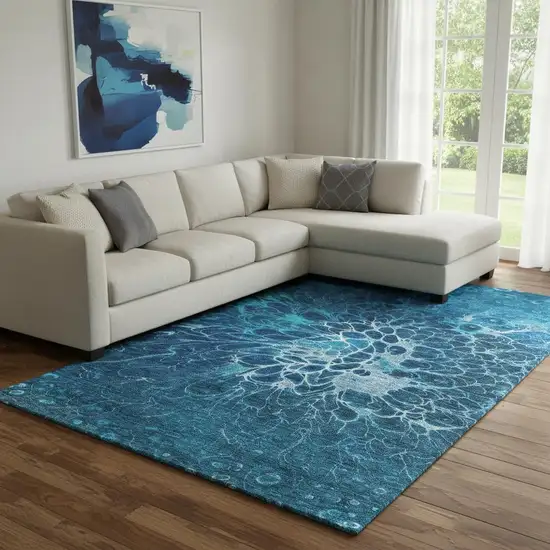 Navy Blue And Ivory Abstract Washable Area Rug With UV Protection Photo 1