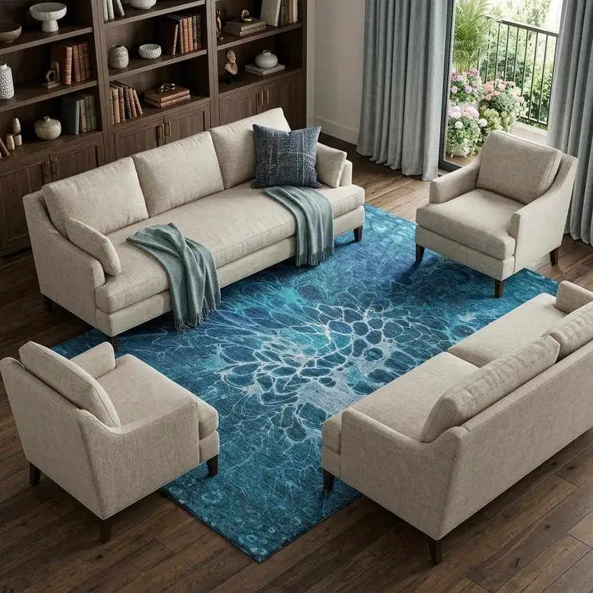 Navy Blue And Ivory Abstract Washable Area Rug With UV Protection Photo 1