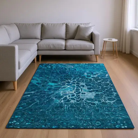 Navy Blue And Ivory Abstract Washable Area Rug With UV Protection Photo 2