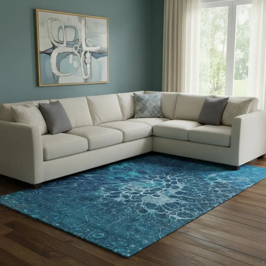 Navy Blue And Ivory Abstract Washable Area Rug With UV Protection Photo 1