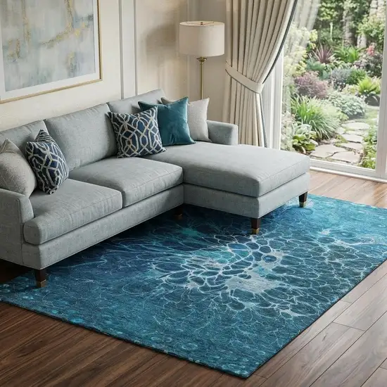 Navy Blue And Ivory Abstract Washable Area Rug With UV Protection Photo 1