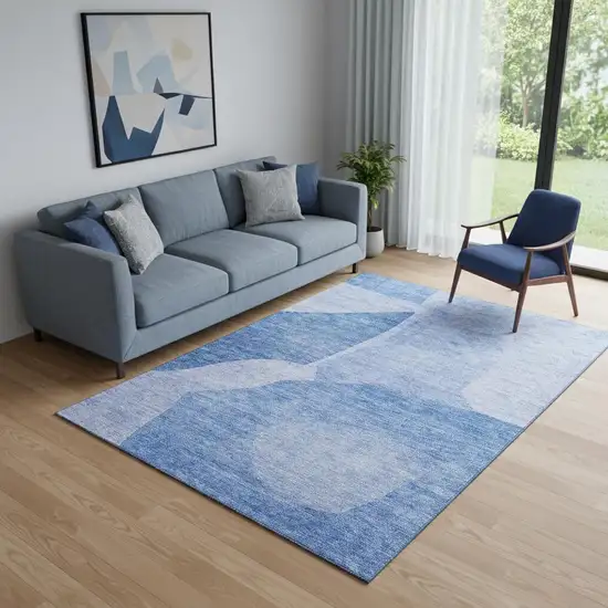 Navy Blue And Ivory Abstract Washable Area Rug With UV Protection Photo 1