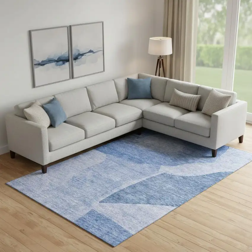 Navy Blue And Ivory Abstract Washable Area Rug With UV Protection Photo 1