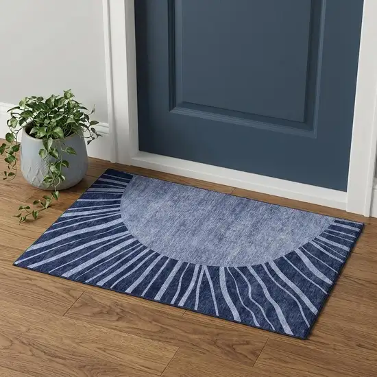Navy Blue And Ivory Abstract Washable Area Rug With UV Protection Photo 1