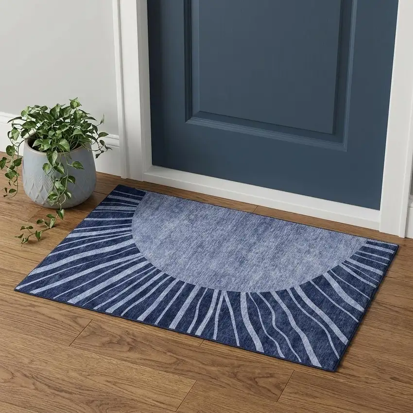 Navy Blue And Ivory Abstract Washable Area Rug With UV Protection Photo 1