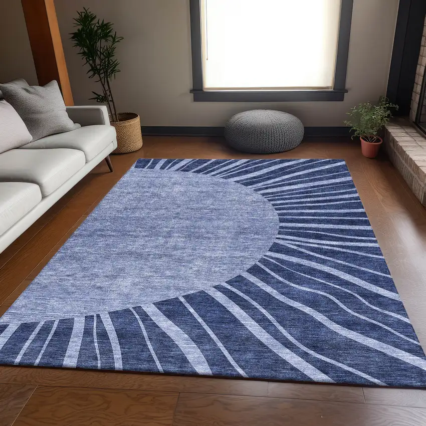Navy Blue And Ivory Abstract Washable Area Rug With UV Protection Photo 6