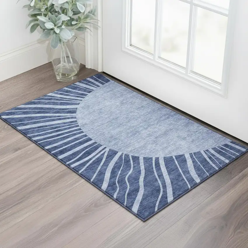 Navy Blue And Ivory Abstract Washable Area Rug With UV Protection Photo 2
