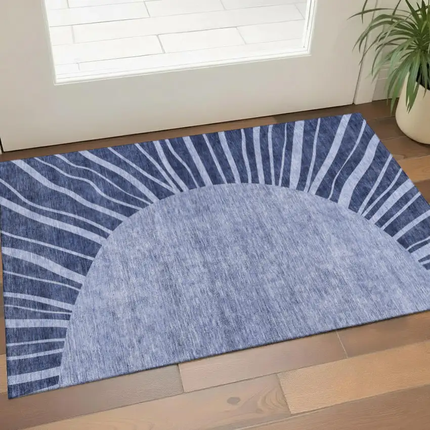 Navy Blue And Ivory Abstract Washable Area Rug With UV Protection Photo 1