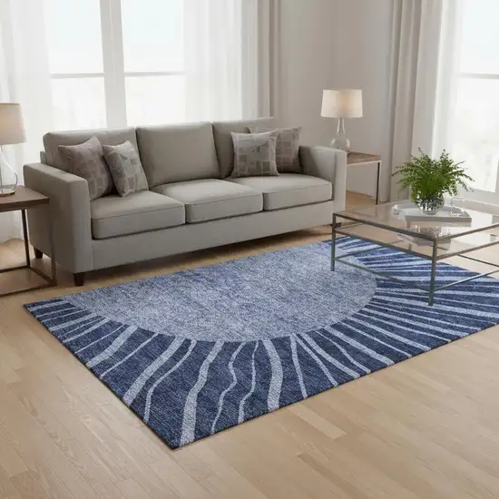 Navy Blue And Ivory Abstract Washable Area Rug With UV Protection Photo 1