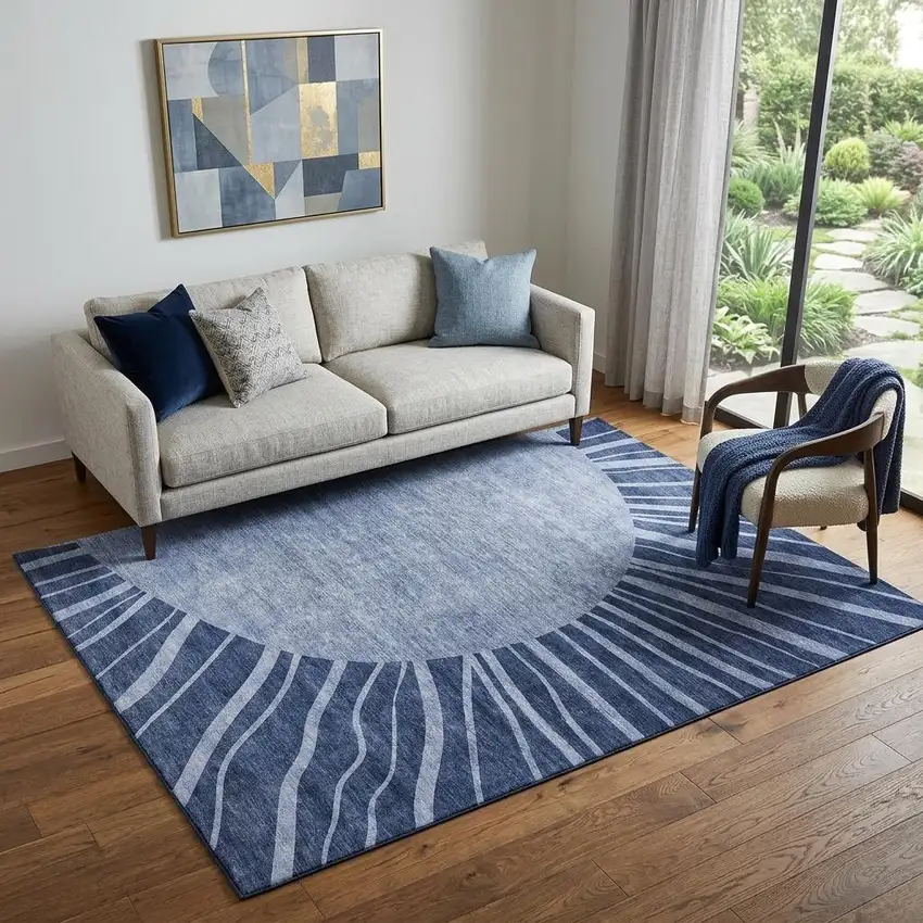 Navy Blue And Ivory Abstract Washable Area Rug With UV Protection Photo 1