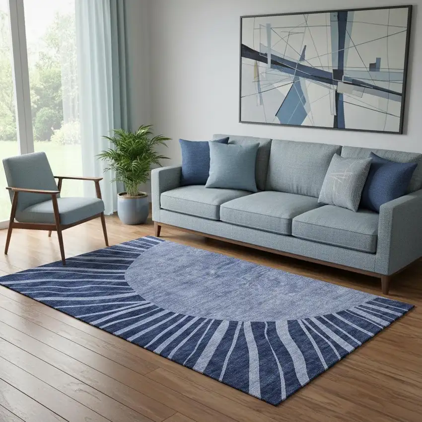 Navy Blue And Ivory Abstract Washable Area Rug With UV Protection Photo 1