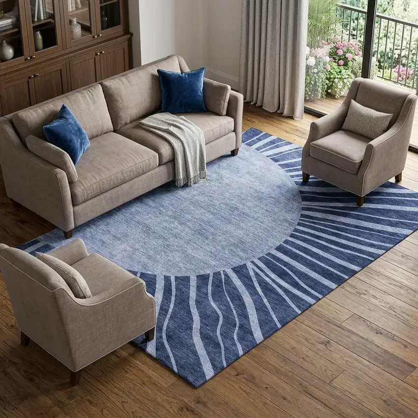 Navy Blue And Ivory Abstract Washable Area Rug With UV Protection Photo 1