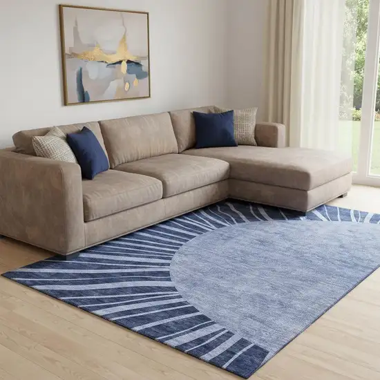 Navy Blue And Ivory Abstract Washable Area Rug With UV Protection Photo 1