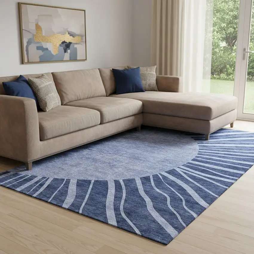 Navy Blue And Ivory Abstract Washable Area Rug With UV Protection Photo 1