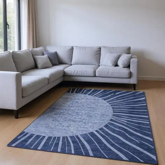 Navy Blue And Ivory Abstract Washable Area Rug With UV Protection Photo 1