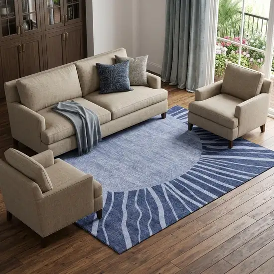 Navy Blue And Ivory Abstract Washable Area Rug With UV Protection Photo 1