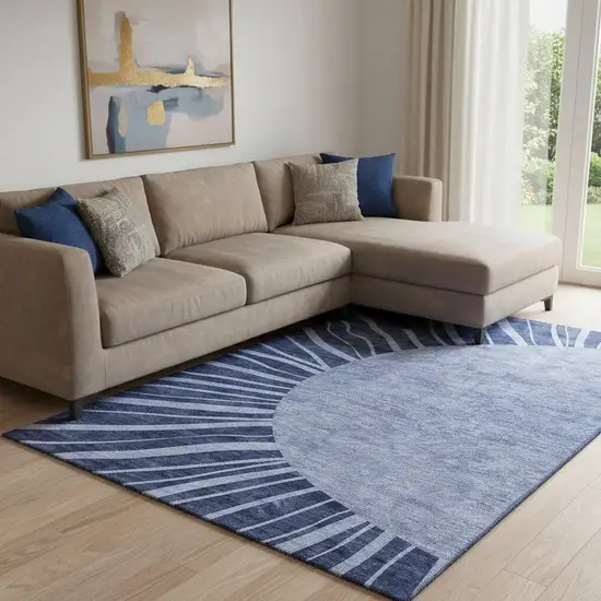 Navy Blue And Ivory Abstract Washable Area Rug With UV Protection Photo 1