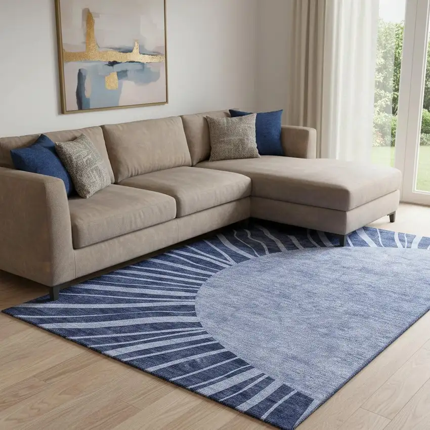 Navy Blue And Ivory Abstract Washable Area Rug With UV Protection Photo 1