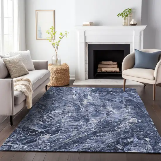 Navy Blue And Ivory Abstract Washable Area Rug With UV Protection Photo 4