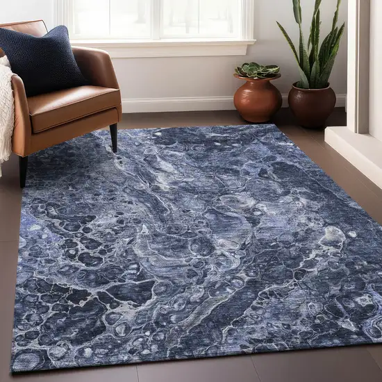 Navy Blue And Ivory Abstract Washable Area Rug With UV Protection Photo 5