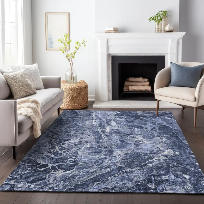 Navy Blue And Ivory Abstract Washable Area Rug With UV Protection Photo 3