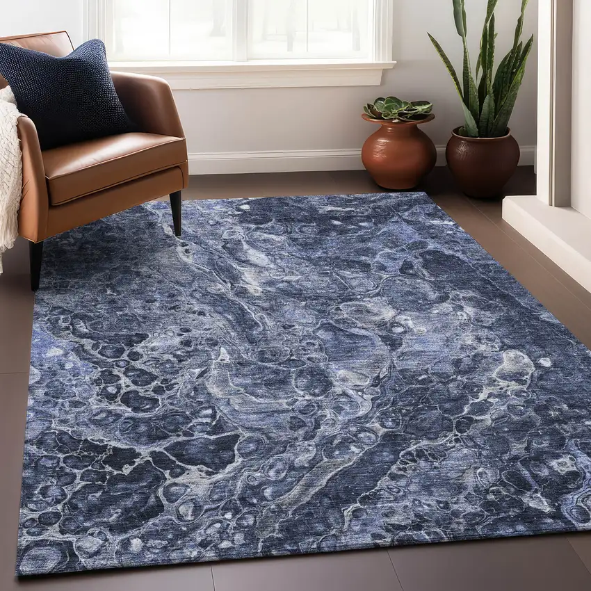 Navy Blue And Ivory Abstract Washable Area Rug With UV Protection Photo 4