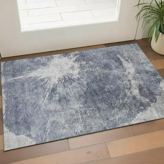 Navy Blue And Ivory Abstract Washable Area Rug With UV Protection Photo 1