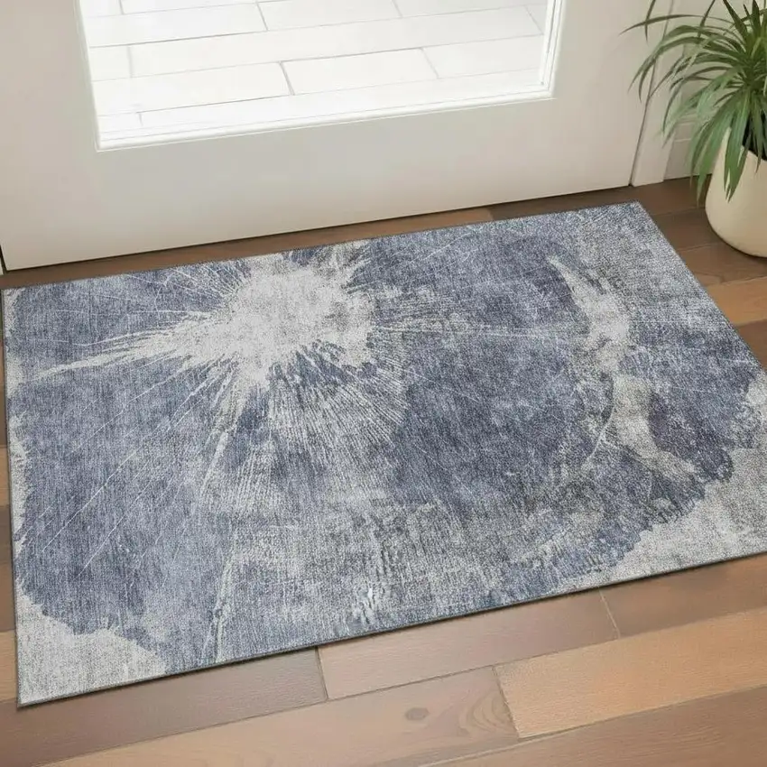 Navy Blue And Ivory Abstract Washable Area Rug With UV Protection Photo 1