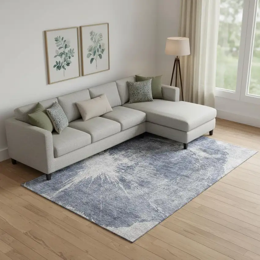 Navy Blue And Ivory Abstract Washable Area Rug With UV Protection Photo 1