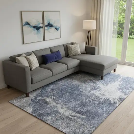 Navy Blue And Ivory Abstract Washable Area Rug With UV Protection Photo 1