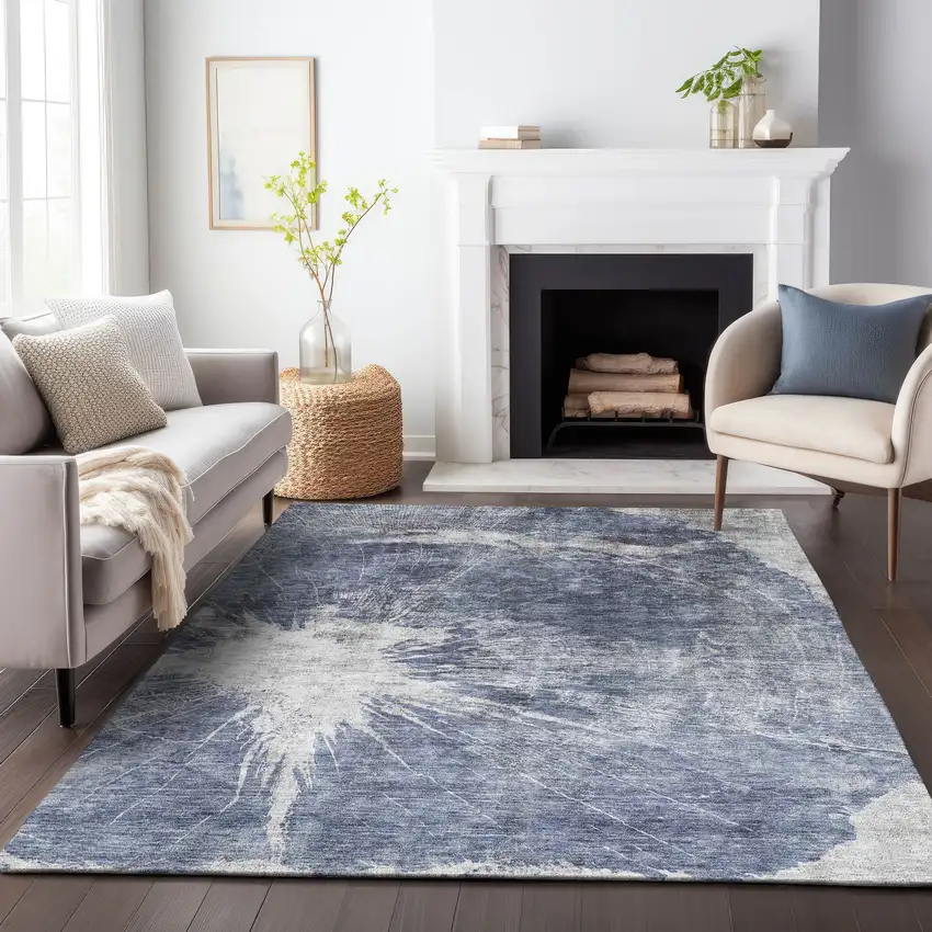 Navy Blue And Ivory Abstract Washable Area Rug With UV Protection Photo 3