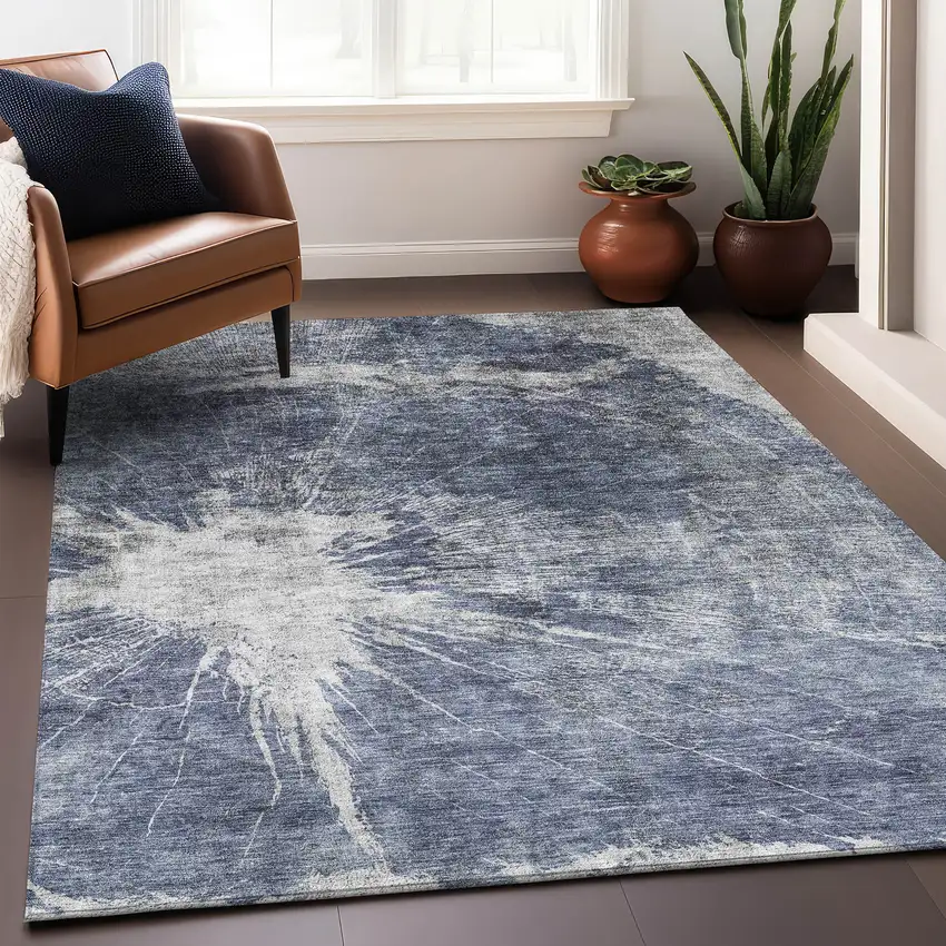 Navy Blue And Ivory Abstract Washable Area Rug With UV Protection Photo 5
