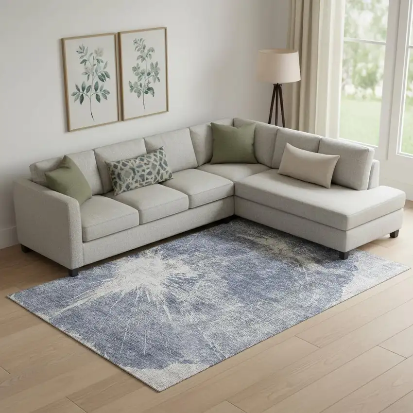 Navy Blue And Ivory Abstract Washable Area Rug With UV Protection Photo 1