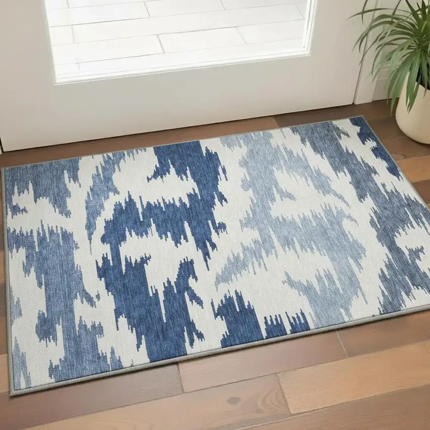 Navy Blue And Ivory Abstract Washable Area Rug With UV Protection Photo 2
