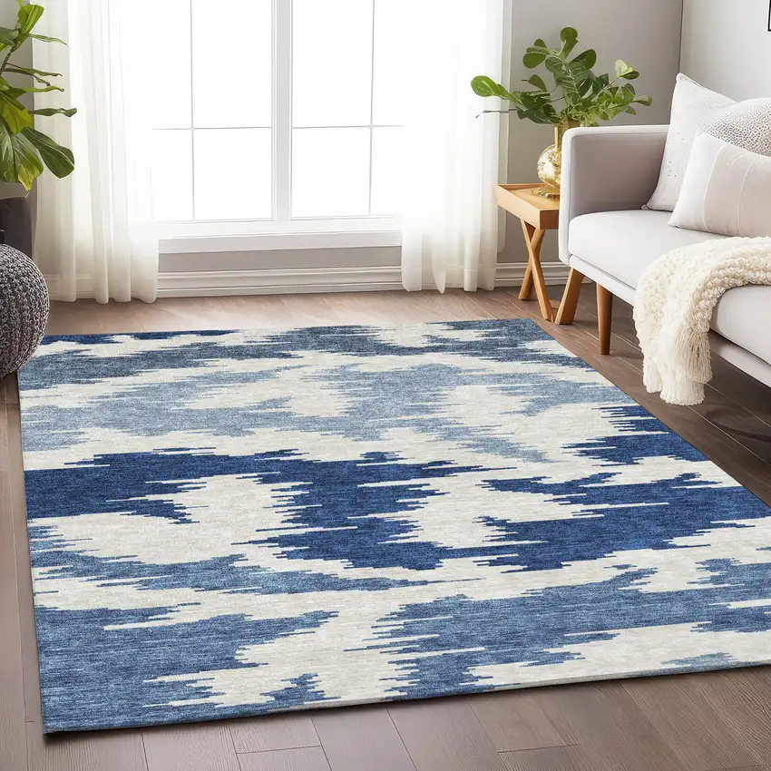 Navy Blue And Ivory Abstract Washable Area Rug With UV Protection Photo 5