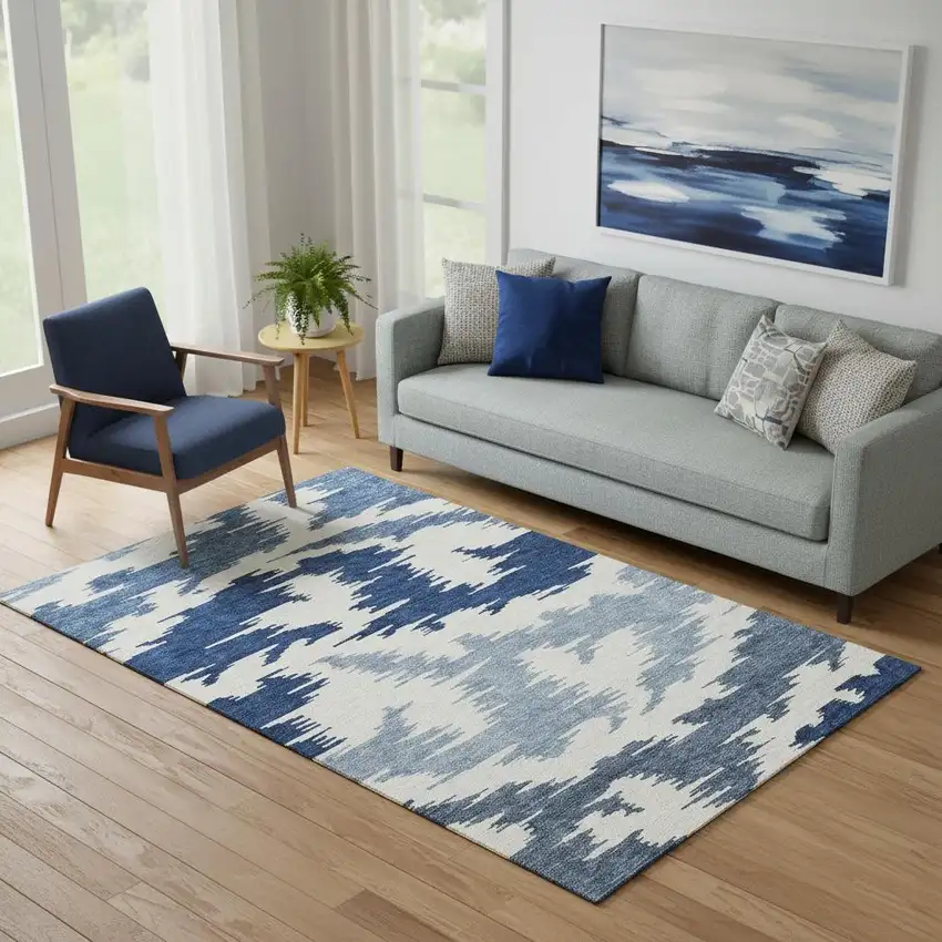 Navy Blue And Ivory Abstract Washable Area Rug With UV Protection Photo 1
