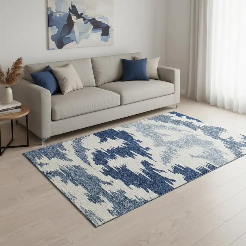 Navy Blue And Ivory Abstract Washable Area Rug With UV Protection Photo 2