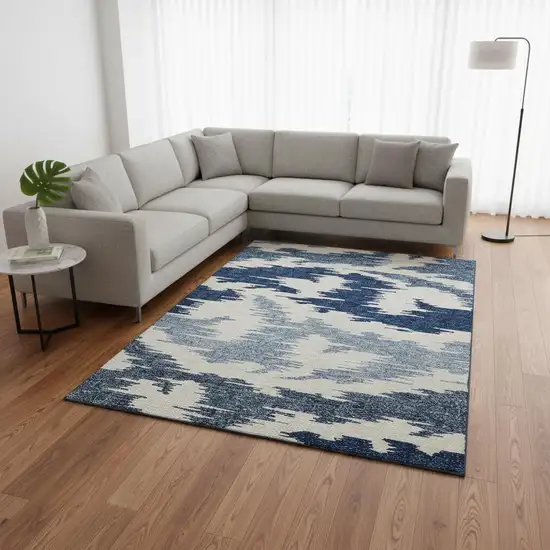Navy Blue And Ivory Abstract Washable Area Rug With UV Protection Photo 2