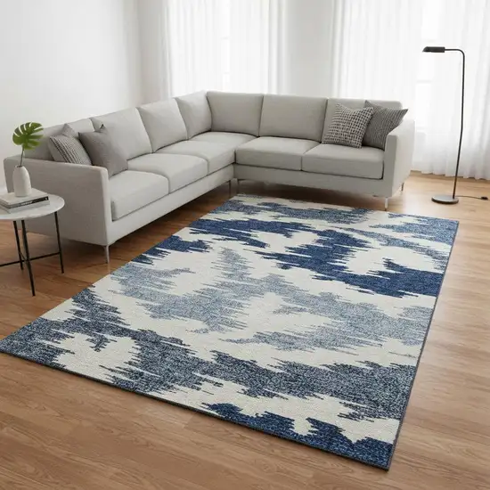 Navy Blue And Ivory Abstract Washable Area Rug With UV Protection Photo 2