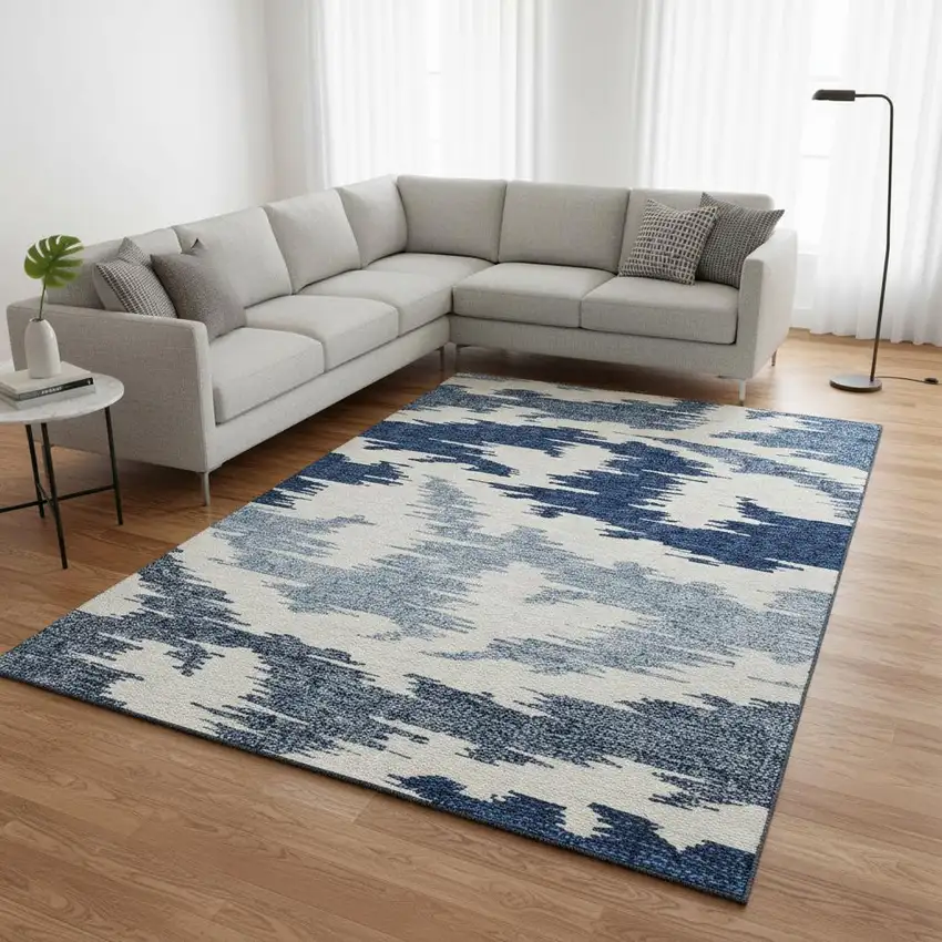Navy Blue And Ivory Abstract Washable Area Rug With UV Protection Photo 2