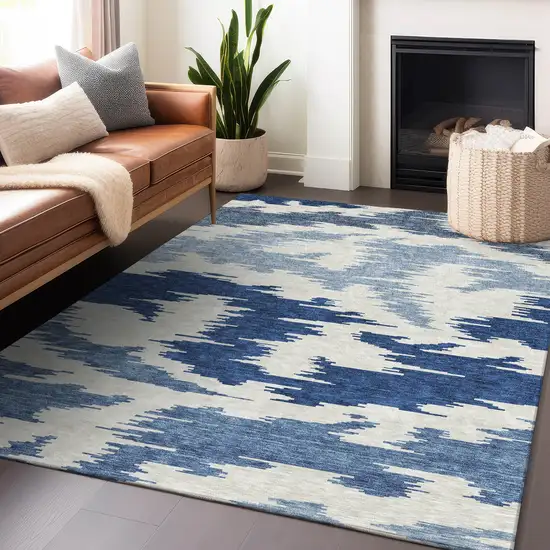 Navy Blue And Ivory Abstract Washable Area Rug With UV Protection Photo 6