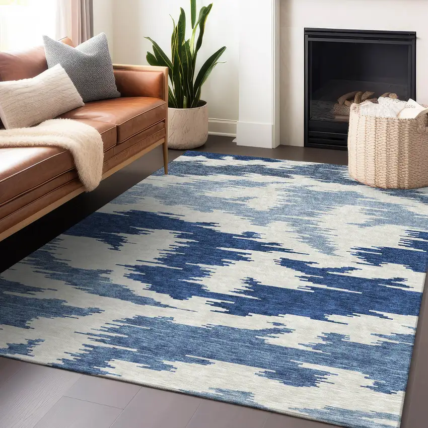 Navy Blue And Ivory Abstract Washable Area Rug With UV Protection Photo 6