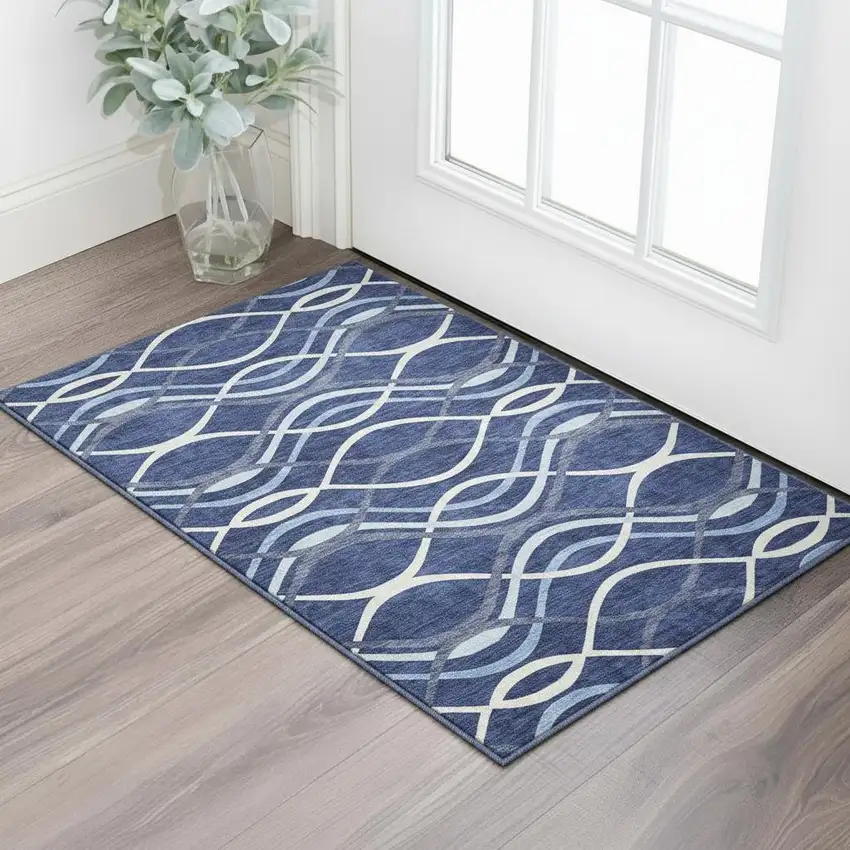 Navy Blue And Ivory Abstract Washable Area Rug With UV Protection Photo 2