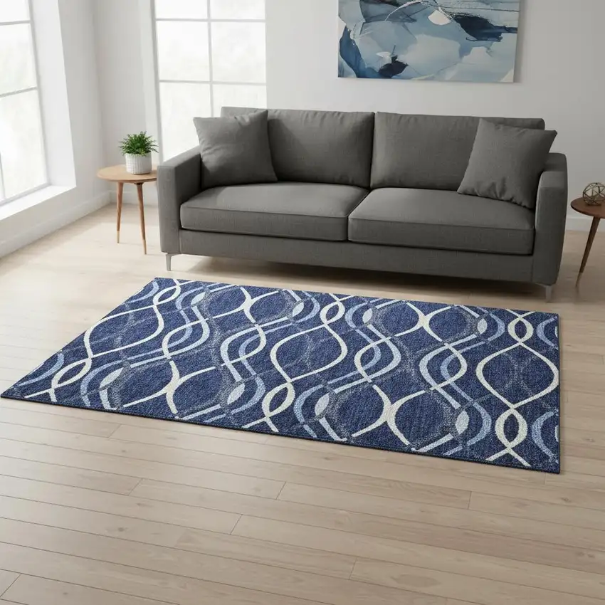 Navy Blue And Ivory Abstract Washable Area Rug With UV Protection Photo 2