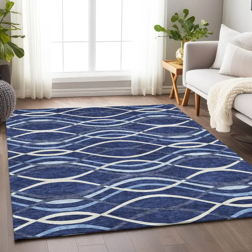 Navy Blue And Ivory Abstract Washable Area Rug With UV Protection Photo 5