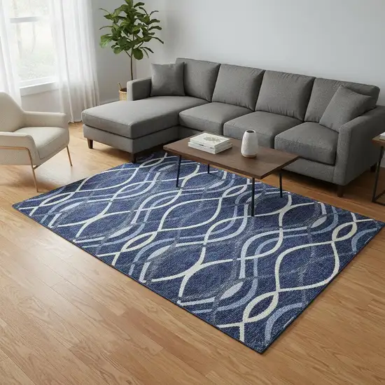 Navy Blue And Ivory Abstract Washable Area Rug With UV Protection Photo 2